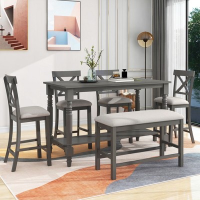 Whisen 6-Piece Counter Height Dining Table Set with Shelf 4 Chairs and Bench