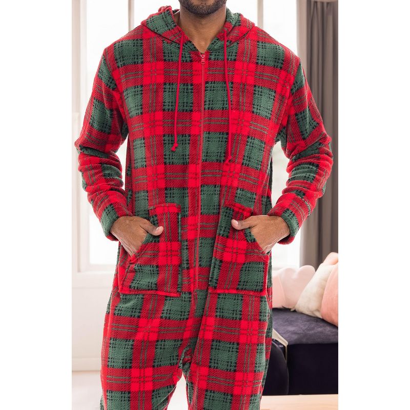 Men's Plush Fleece One Piece Hooded Footed Zipper Pajamas Set, Soft Adult Onesie Footie with Hood, 6 of 9