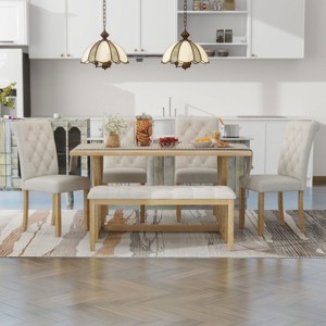 Retro Rectangular Dining Table Set For 6, Dining Set Solid Wood, Modern Kitchen Table And Chairs With 4 Upholstered Chairs & 1 Bench-Cuddlewood - 1 of 4