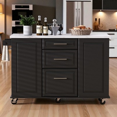 50.7" Kitchen Island with Storage, Tilt Trash Can Cabinet, Pull-Out Organizer, 2 Drawers, 5 Wheels, Drop Leaf Counter, Multifunctional Kitchen Cart