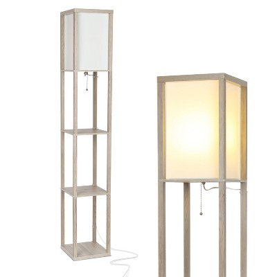 Rustic Wood 63" Adjustable Shelf Floor Lamp with Off-White Shade
