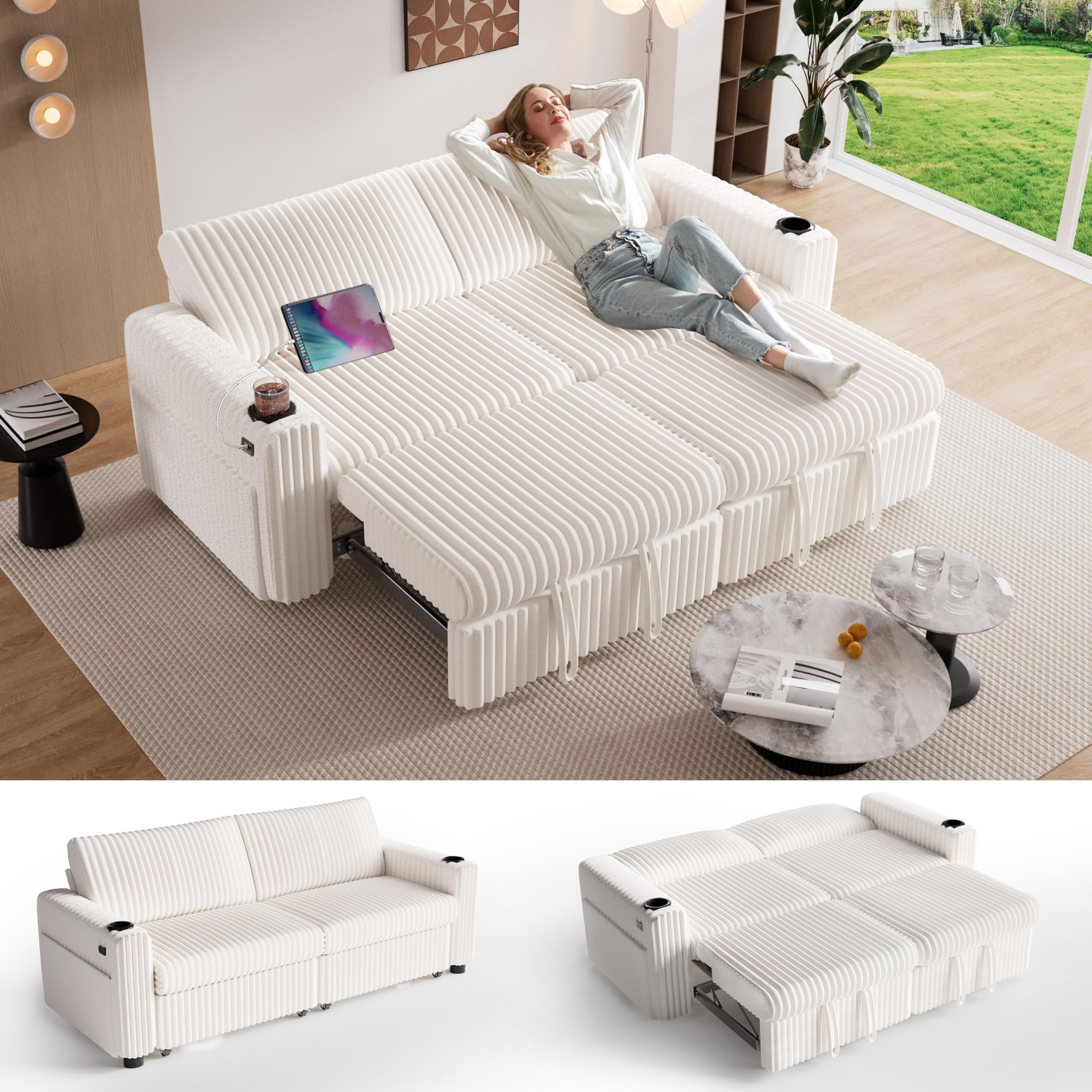 Vipbear 91" Sectional Sleeper Sofa Bed with Pull Out Bed,Reclining Backrest/Two Pull Out Beds/USB Ports/Cup Holders, Plush Corduroy
