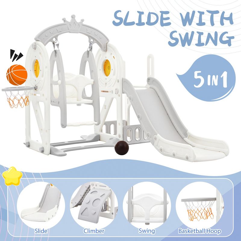 5-in-1 Kids Slide, Playground Freestanding Climber and Toddler Slide Swing Playset with Basketball Hoop - ModernLuxe, 2 of 15