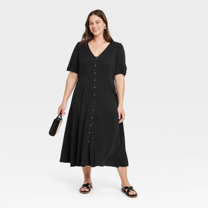 Women's Short Sleeve Button-Front Midi A-Line Dress - Ava & Viv™, 4 of 5