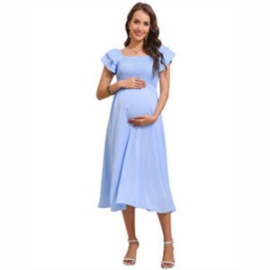 Clearlove Womens Maternity Flutter Short Sleeve Square Neck Summer Casual Dress Smocked Boho Maxi Dress Photoshoot Baby Shower - 1 of 4