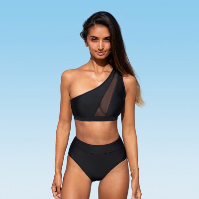 Women's Halter Asymmetrical Cutout Mesh Bikini Sets Swimsuit