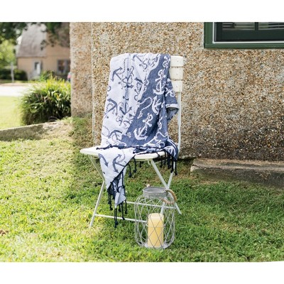 Navy and White Cotton Nautical Anchor Throw Blanket with Fringe