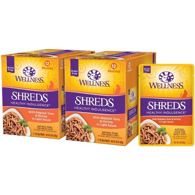 Wellness Complete Health Healthy Indulgence Shreds with Skipjack Tuna & Shrimp in Light Sauce Grain-Free Wet Cat Food Pouches, 3-oz, Case of 24