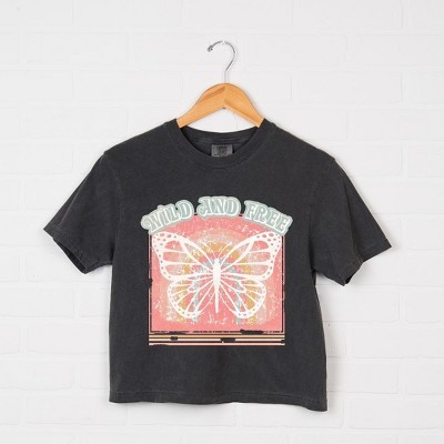 Simply Sage Market Women's Wild and Free Butterfly Short Sleeve Relaxed Fit Cropped Tee