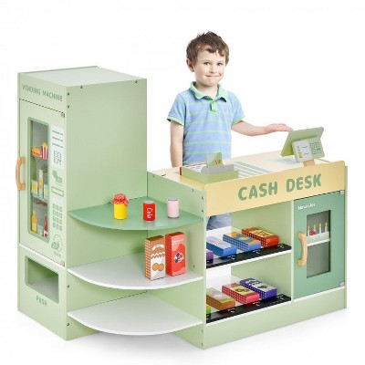 Costzon Kids Grocery Store Playset, Wooden Pretend Store with Chalkboard, Cash Register, Vending Machine & Play Food Accessories (Green)