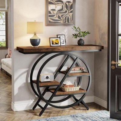 Syemin Console Tables Industrial 4-Tier Entryway Console Table, Geometric Metal Storage Shelves, Rustic Accent Sofa Table, Brown, 39.37"*11.81"*31.9"