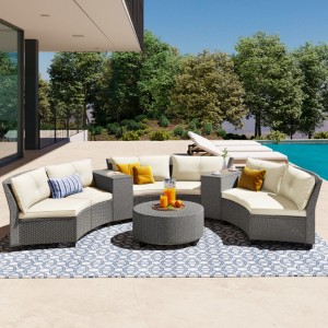 Six-Seater Fan-Shaped Rattan Patio Set with Cushions and Table, Ideal for Garden Use - 1 of 4