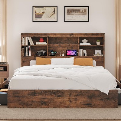 Nasitip Bed Frame with Bookcase Headboard, Storage Drawers, Charging Station, No Box Spring Needed, Metal Wood Frame, Queen/Full, Grey