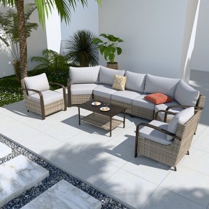 EAGLE PEAK Coastal Vista Outdoor Patio Furniture Set, Half-Moon Curved Wicker Patio Conversation Set with Coffee Table - 1 of 4