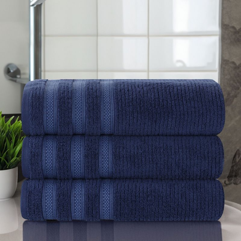 Zero Twist Cotton Ribbed Modern Geometric Border Bath Towel Set of 3 by Blue Nile Mills, 2 of 9
