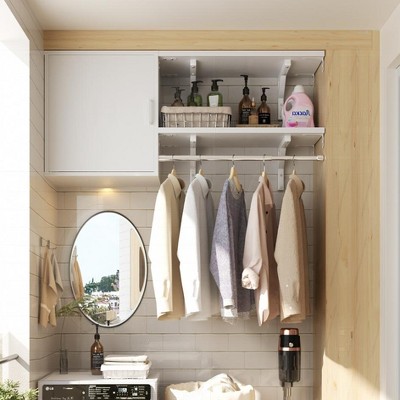 Aheaplus Wall Cabinet with Hanging Rods, Bathroom Cabinet with Door & Shelf Tower, Laundry Cabinet with Shelves