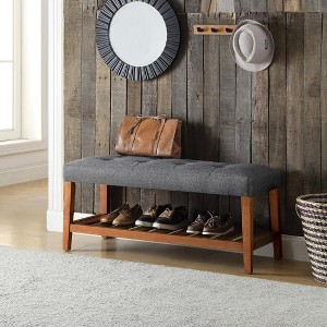 Vynxaria Charla Gray Fabric & Oak Finish Bench - 1 of 4