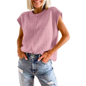 Womens Cap Sleeve Sweater Vest Crew Neck Knit Sleeveless Tank Tops Casual Lightweight Pullover Sweaters - 1 of 2