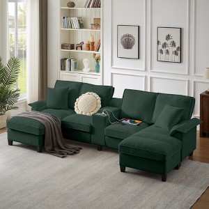 120"W Modular Corduroy Sectional Sofa with USB Ports, Storage & Cup Holders, U-Shaped Sofa 4-Seater Sofa Couch - ModernLuxe - 1 of 4
