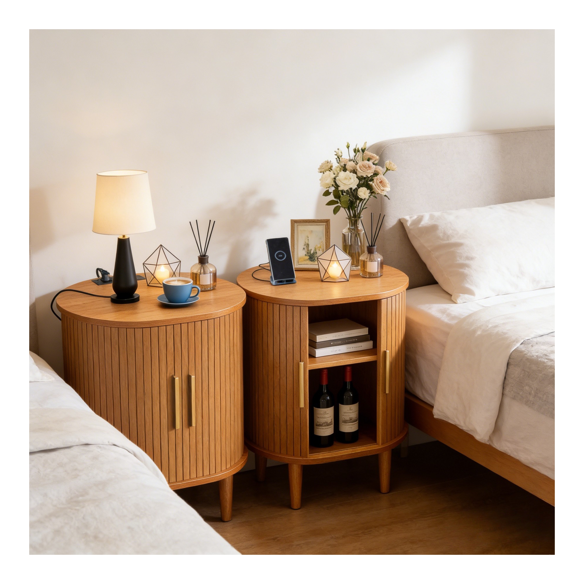 Fluted Side Table 2PCS with Charging Hub Sliding Door, Accent End Table with Adjustable Storage Mid Century Modern for Small Space, Brown