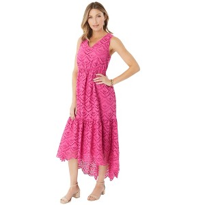 Roaman's Women's Plus Size V-Neck High-Low Eyelet Dress - 1 of 4