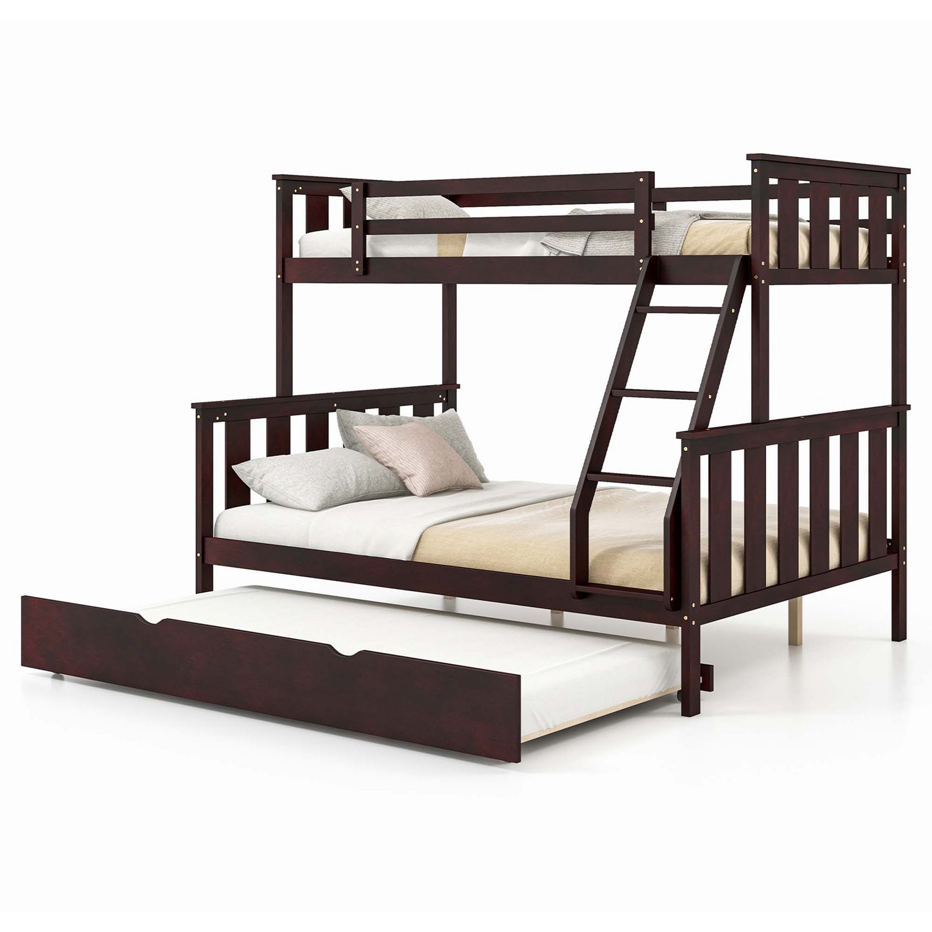 Costway Twin Over Full Bunk Bed with Trundle Ladder Safety Guardrails 3-in-1 Beds Espresso