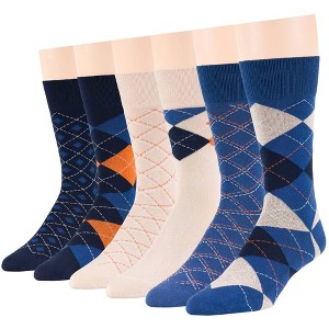 Men Cotton Patterned Dress Sock - 6 Pack - Argyle, Stripe, Dot - Shoe Size 9-12 L - Black, Brown, Navy, Blue | 7BIGSTARS KINGDOM - 1 of 3
