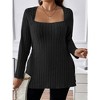 Women Plus Size Top Fall Lightweight Square Neck Long Sleeve Shirts Side Split Ribbed Knit Sweaters - 3 of 4