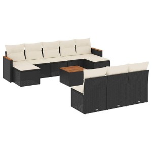 vidaXL 11 Piece Patio Sofa Set with Cushions Black Poly Rattan - Black and Cream With Table - 1 of 4
