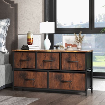 CAVINAS 5 Dresser for Bedroom with Fabric Bins and Black Metal Handles Design,Modern Chest of Drawers,Freestanding Dresser for Bedroom