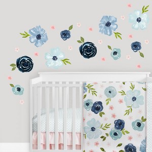 Sweet Jojo Designs Girl Wall Decal Stickers Art Nursery Décor Watercolor Floral Blue Pink and Grey 4pc - 1 of 3