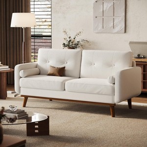 65" Sofa Couch, Mid Century Modern Loveseat Couch with Wood Legs & Trim for Living Room, Bedroom, Office, Linen, Beige - 1 of 4