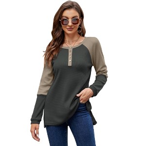 Women's Long Sleeve Waffle Henley Shirts Button Down Round Neck T Shirts Side Splite Color Block Casual Work Blouses - 1 of 4