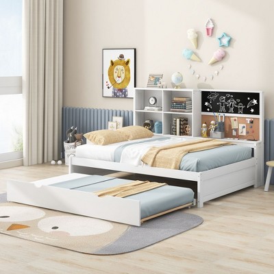 PAGED Twin Size Daybed Modern Wooden Bed Frame with Trundle, Shelves, Cork Board, Blackboard and Ports for Bedroom