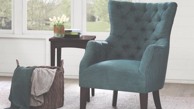 Eloise Green Herringbone Wood Tufted Wingback Accent Chair