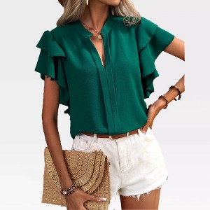 Womens Flutter Sleeve V Neck Tops Front Seam Short Sleeve Blouse Summer Casual Tops - 1 of 4