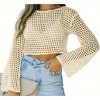 Coolmee Womens  Crochet Crop Top Sexy Long Sleeve See Through Hollow Out Mesh Bikini Cover Ups Shirts - 2 of 3
