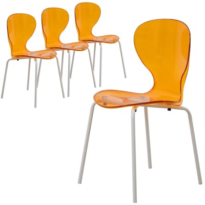 Transparent Dining Chair Stackable Curved Back With Stainless Steel White Legs Oyster Collection Set of 4