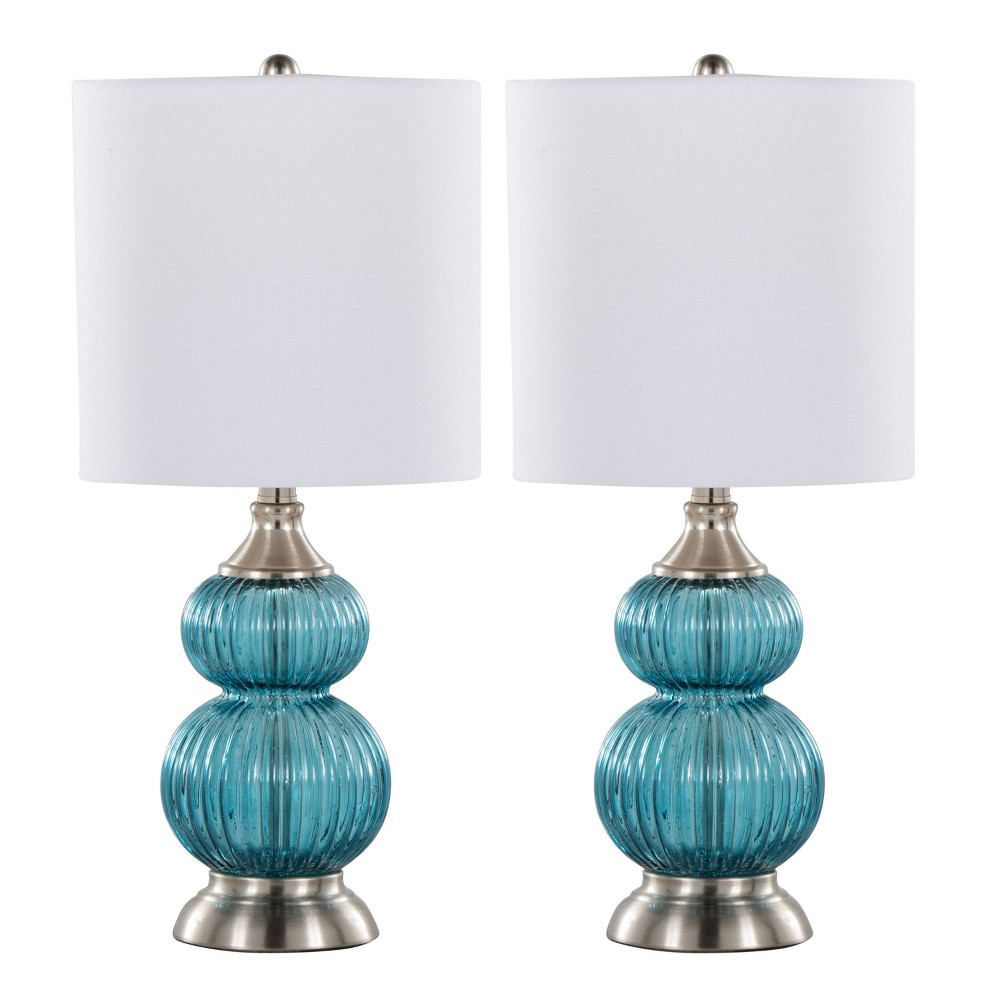 LumiSource (Set of 2) Belle 20" Contemporary Glass Accent Lamps Sapphire Blue Glass Brushed Nickel and White Linen Shade from Grandview Gallery