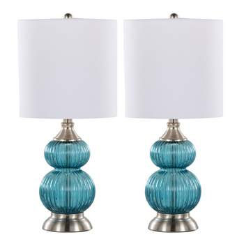 LumiSource (Set of 2) Belle 20" Contemporary Glass Accent Lamps Sapphire Blue Glass Brushed Nickel and White Linen Shade from Grandview Gallery