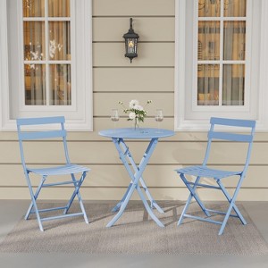 3 Piece Round Tube Steel Metal Bistro Set with Foldable Table and 2 Chairs for Balcony, Porch, Garden - 1 of 4