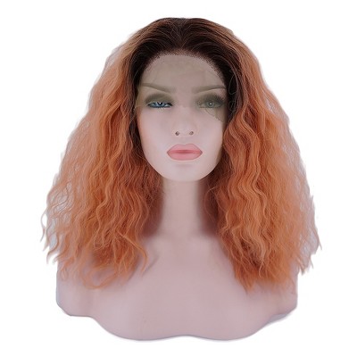 Unique Bargains Women's Medium Long Fluffy Curly Wavy Lace Front Wigs with Wig Cap 14" Pink 1PC
