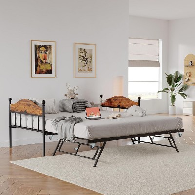 Twin Daybed with Trundle, Twin Bed Frame with Sturdy Metal Foldable Trundle, Sofa Bed with Stylish Headboard for Living Room, Bedroom