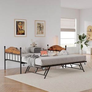 Twin Daybed with Trundle, Twin Bed Frame with Sturdy Metal Foldable Trundle, Sofa Bed with Stylish Headboard for Living Room, Bedroom - 1 of 1