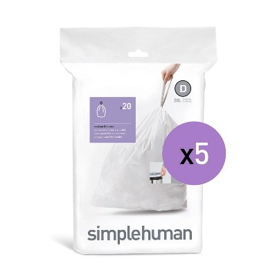 simplehuman 20L 100ct Code D Custom Fit Trash Bags Liner White