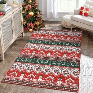 Machine Washable Area Rug, Low Pile Non-Slip Floor Mat with Snowmen & Houses, Festive Holiday Carpet for Living Room Bedroom, Red/Green - 1 of 4