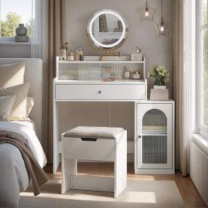 RISOKEYS White Vanity Desk with Drawer & 360° Rotating Mirror, Makeup Vanity Table with Storage Chair and Side Cabinet with Waveform Glass Doors - 1 of 4