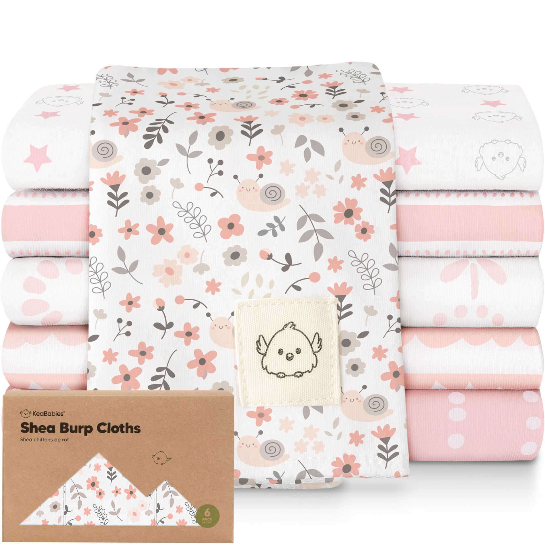 KeaBabies 6pk Shea Baby Burp Cloths for Baby Boys and Girls, 100% Organic Cotton Burping Cloths for Babies, Newborn (Sweet Charm)