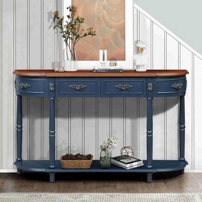 VYNXARIA Retro Curved Wood Console Table,52 inch Circular Half Moon Sofa Table with Open Shelf and 2 Drawers