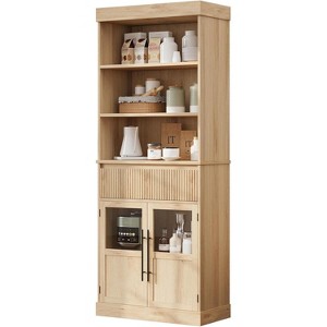 70" Tall Storage Cabinet with Drawer & 2 Glass Doors and 3 Shelves，Wood Display Cabinets for Kitchen, Living Room, Dining Room, Entryway, Oak - 1 of 4